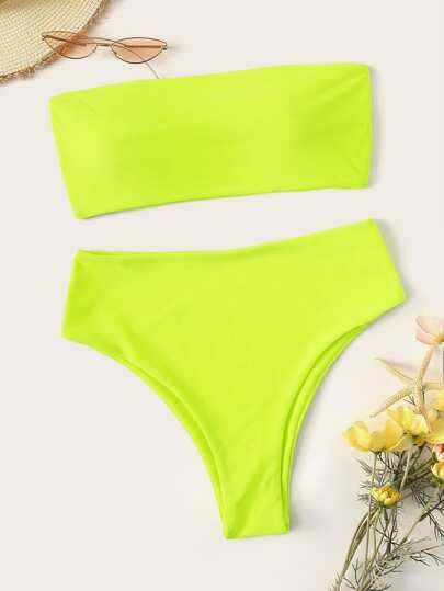 Neon Lime Bandeau With High Waist Bikini Set | SHEIN