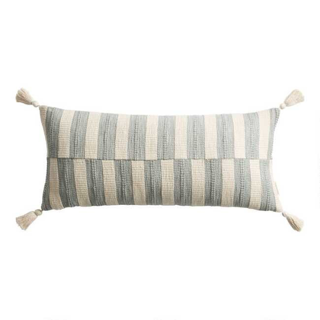 Extra Wide Aqua And Ivory Broken Stripe Lumbar Pillow | World Market
