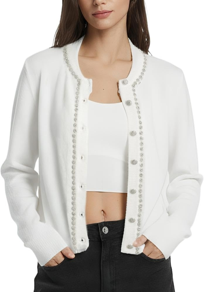 EZAPINE Women Cardigan Sweaters Button Down Sweaters for Women Fall Embellished Crew Neck Rhinest... | Amazon (US)