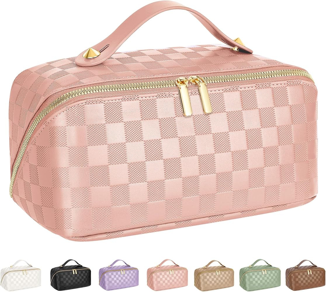 Large Capacity Travel Cosmetic Bag - Portable Makeup Bags for Women Waterproof PU Leather Checker... | Amazon (US)