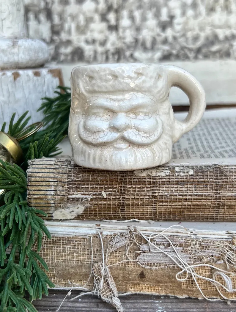 Vintage Ironstone Santa Claus Cup Mini Mug Santa Crazed Stained WHITE Farmhouse Christmas Decor J... | Etsy (US)