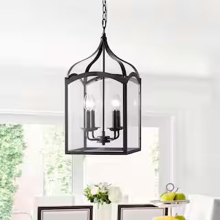 JONATHAN Y Ruth 11 in. 4-Light Oil Rubbed Bronze Lantern Metal/Glass LED Pendant | The Home Depot
