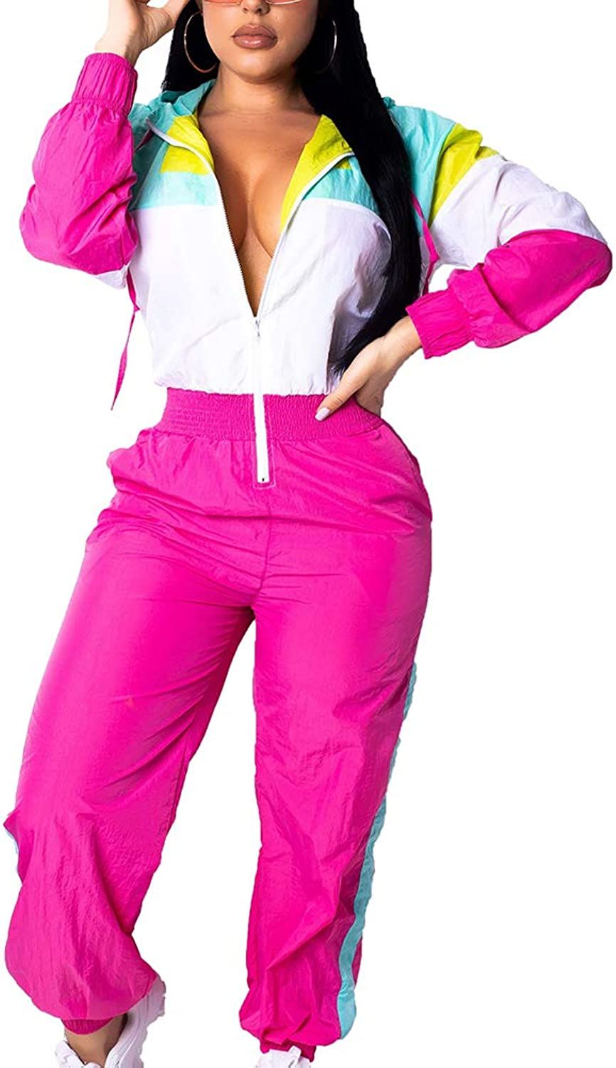 Women Colorblock One Piece Outfits Set High Waist Pants Long Sleeve Zipper Front Windbreaker Jump... | Amazon (US)