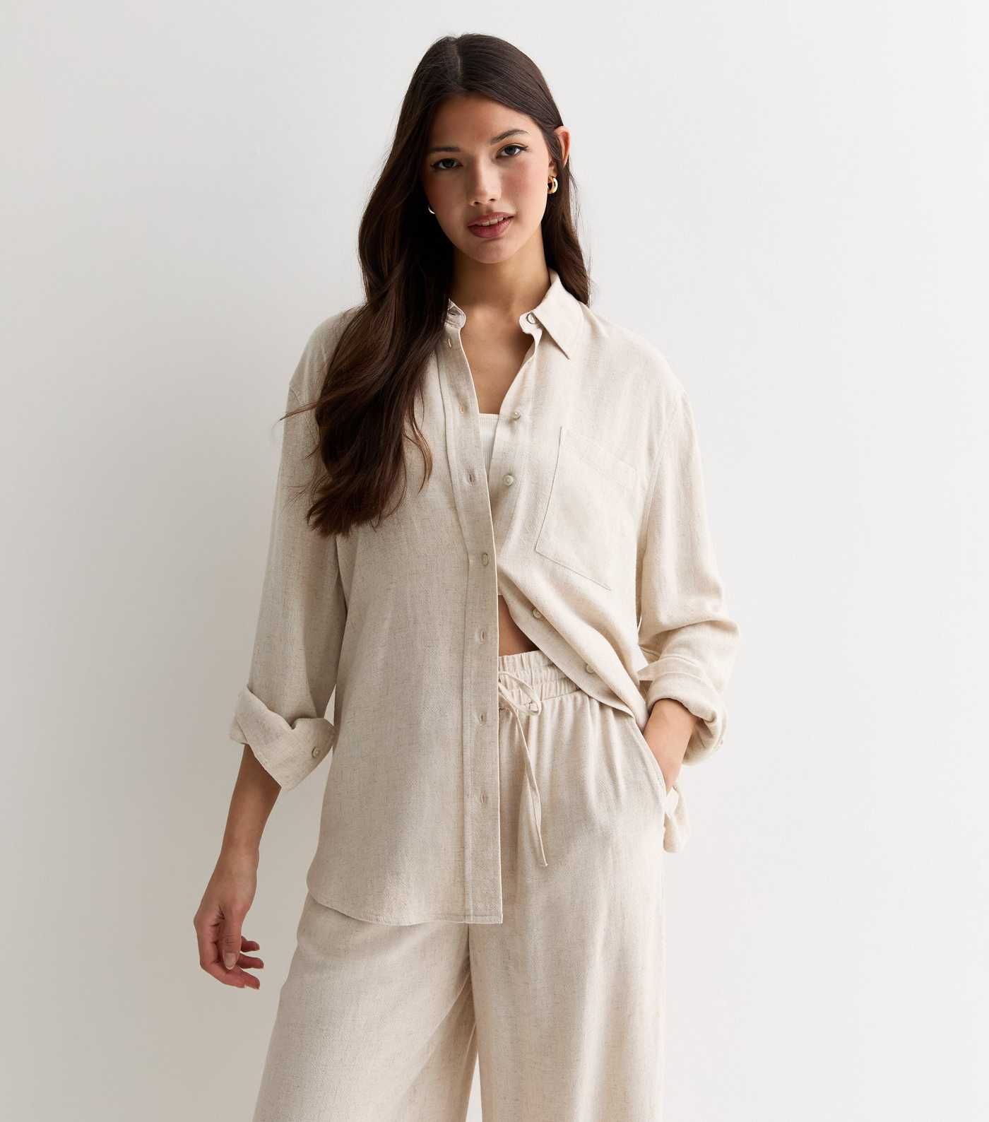 Stone Cotton-Linen Blend Long Sleeve Shirt | New Look | New Look (UK)