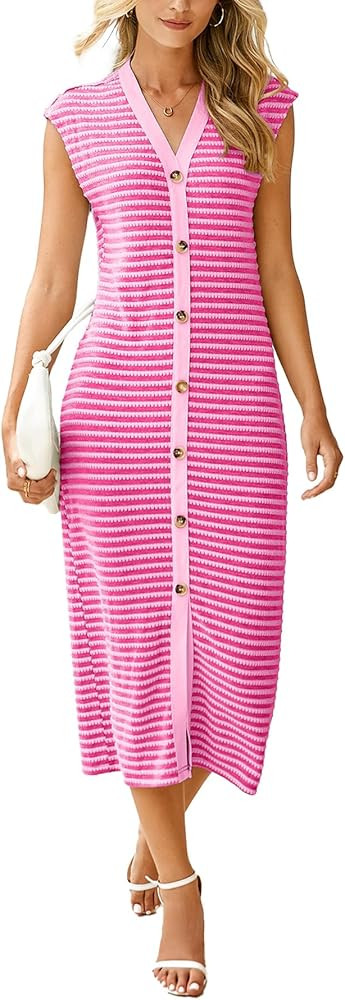 Simplee Women Button Striped Summer Dress Knit Casual Cap Sleeve V-Neck Midi Comfy Travel Dresses... | Amazon (US)