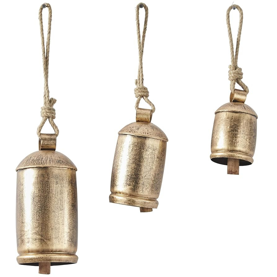 Deco 79 Gold Metal Tibetan Inspired Decorative Giant XL Cow Bells with Jute Hanging Rope, Set of ... | Amazon (US)