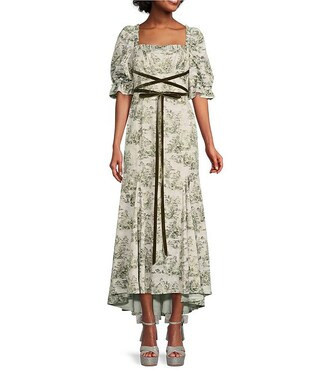 Antonio Melani x Nicola Bathie Hallie Stretch Jacquard Square Neck Short Puff Sleeve Velvet Ribbo... | Dillard's