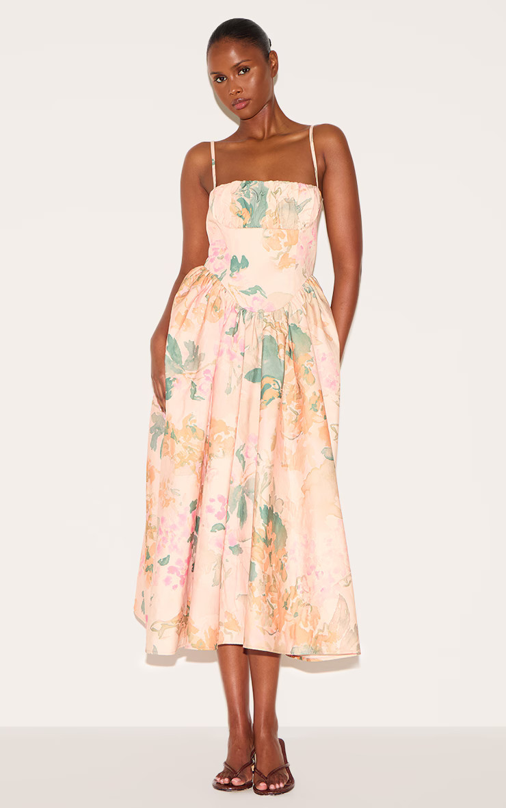 Pink Abstract Floral Ruched Bust Corset Strappy Midaxi Dress | PrettyLittleThing US