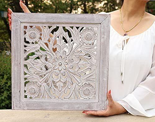 DharmaObjects Handcrafted Lotus Wood Wall Panel Decor Hanging Art 16" X 16" (Off White) | Amazon (US)