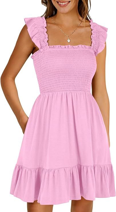 ANRABESS Womens Summer Casual Sleeveless Square Neck Smocked Ruffle Backless Boho Short Mini Dres... | Amazon (US)