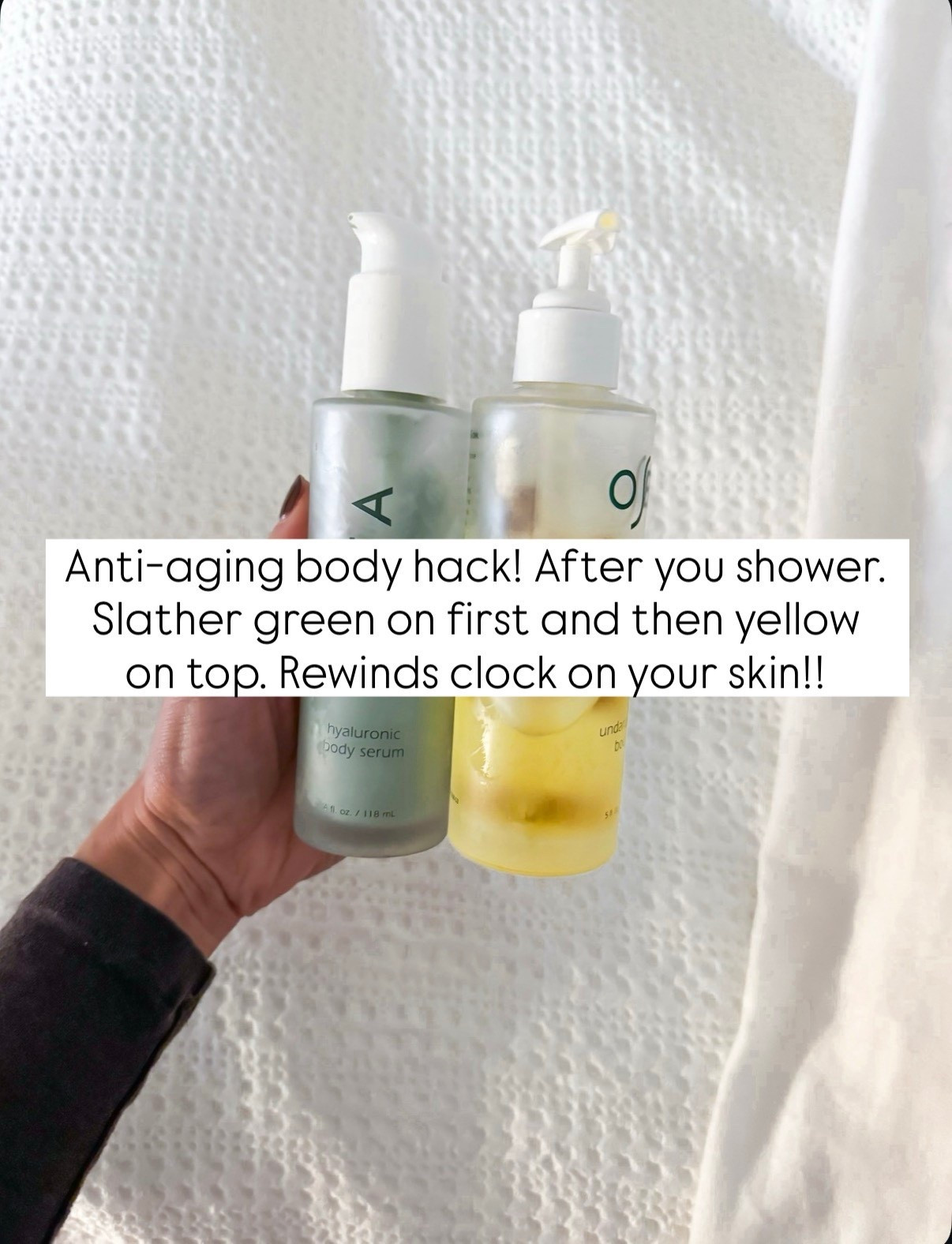 One of my favorite anti-aging body hacks! Every night - slather yourself in the green and follow up with the yellow. Increases skin hydration by 161%! 

#LTKBeauty #LTKgrwm #LTKselfcare