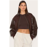 Brown Faux Leather Contrast Jacket, Brown | PrettyLittleThing UK
