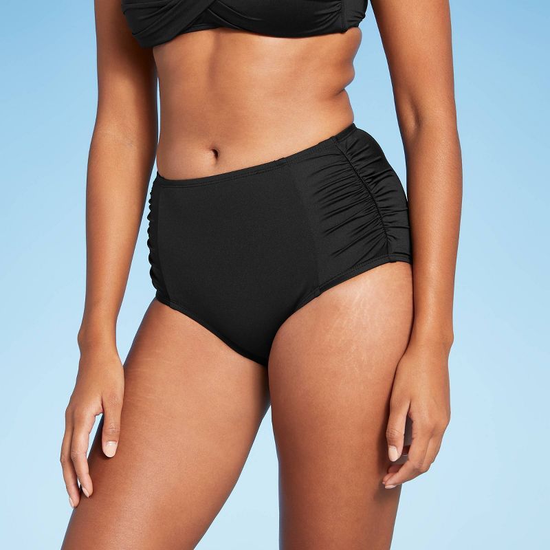Women's Paneled Shirred High Waist Medium Coverage Bikini Bottom - Kona Sol™ Black | Target