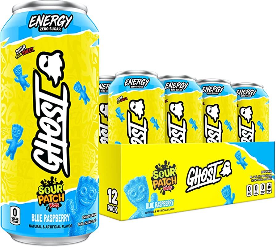 GHOST ENERGY Sugar-Free Energy Drink - 12-Pack, SOUR PATCH KIDS Blue Raspberry, 16oz - Energy & F... | Amazon (US)
