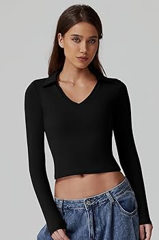QINSEN Womens V Neck Polo Shirt Long Sleeve Double Lined Tees Basic Collared Fitted Going Out Top... | Amazon (US)