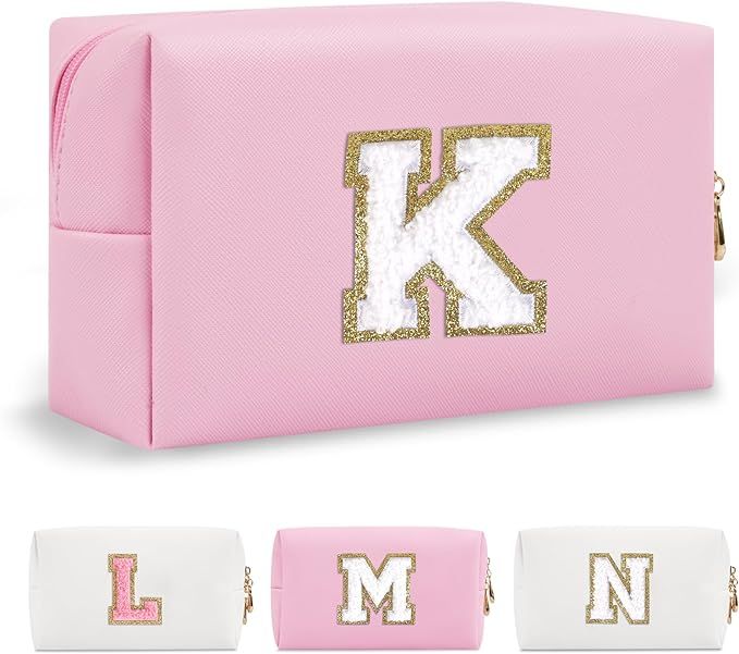Personalized Initial A-Z Preppy Patch Makeup Bag,Small PU Chenille Letter Cosmetic Bag with Zippe... | Amazon (US)
