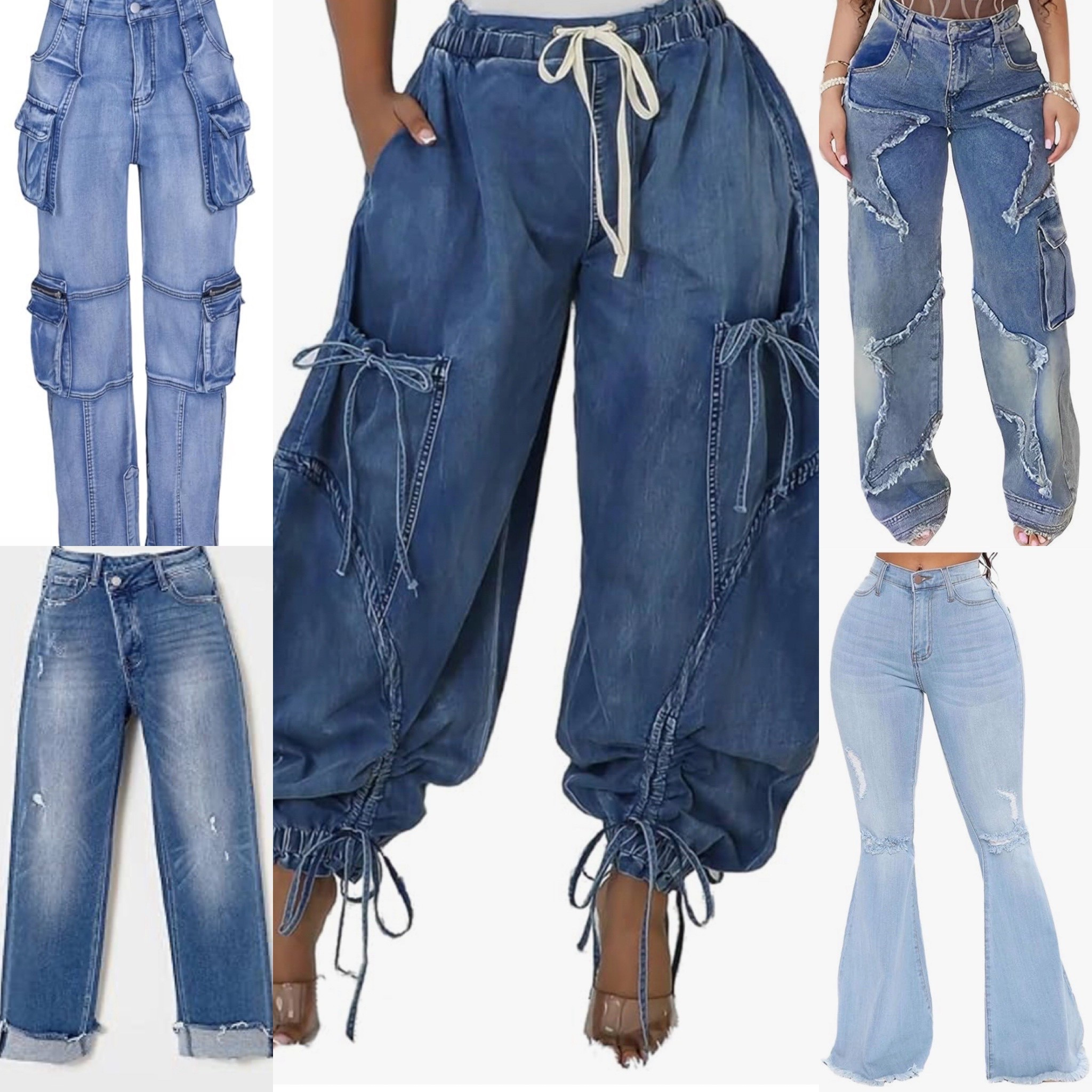 🌟 Denim Lovers Unite! 🌟 Check out this fabulous collage showcasing the latest in denim styles! 👖✨
From the bold utility of cargo jeans on the left to the chic retro vibe of light-wash flare jeans on the right, there's something for everyone. 
I'm absolutely loving the **baggy, relaxed-fit jeans** in the center! The drawstring detailing and oversized look really capture that effortlessly cool streetwear aesthetic. They’re perfect for a laid-back weekend or a stylish night out! 😍
What trend are you loving the most? Let me know in the comments! 💬👇 #DenimTrends #Streetwear #FashionInspo #DenimLove

#LTKStyleTip #LTKFindsUnder100