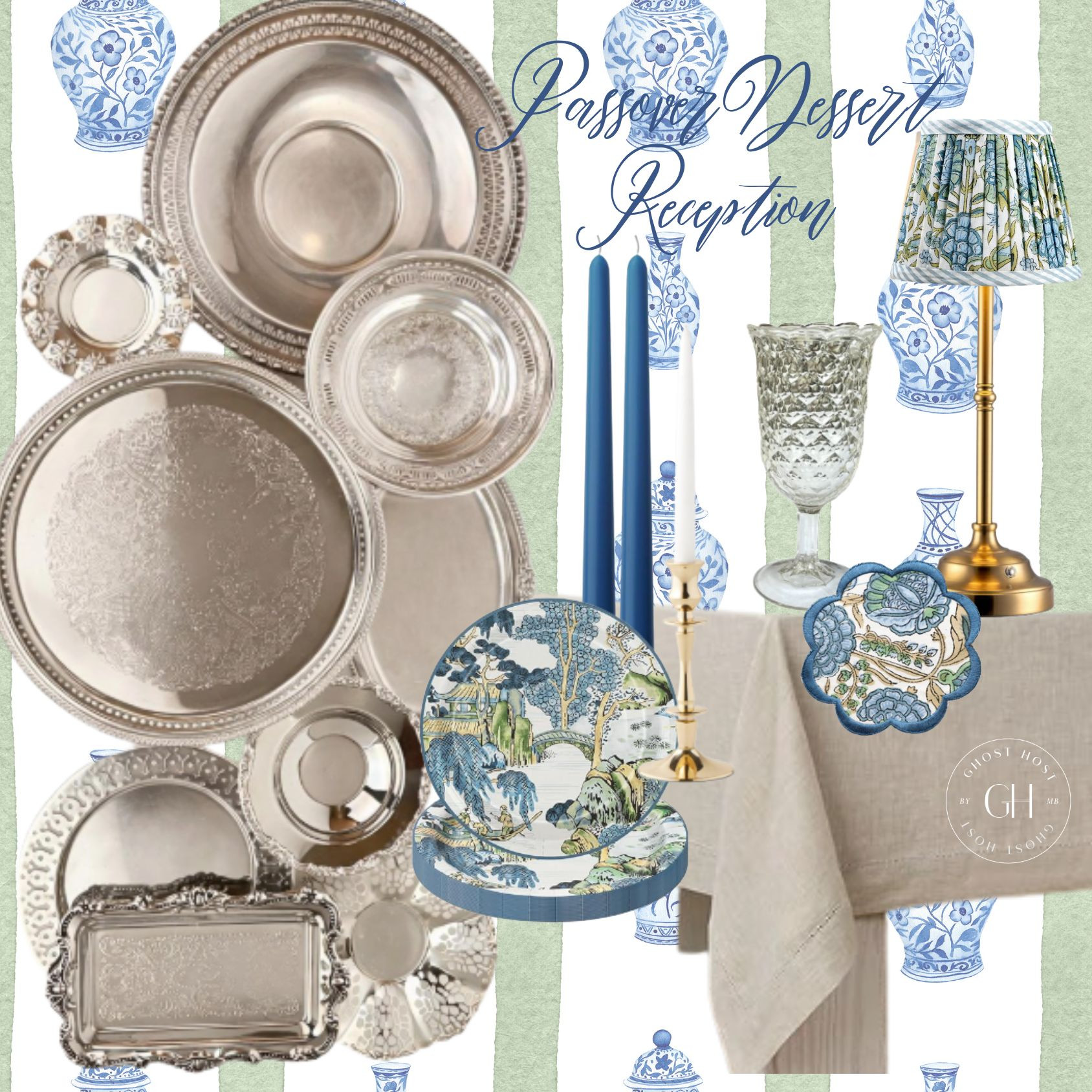 Passover is the perfect time to bring out the heirloom silver to display an assortment of gorgeous desserts. Paper plates that are chinoisserie chic keep clean up simple. I love the way the cocktail napkins or coaster coordinate with the lamp shades. Go all in for a matching tablecloth.  

 