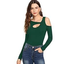 SheIn Women's Cutout Long Sleeve Tee Cold Shoulder Rib Knit T-Shirt Junior Tops | Amazon (US)