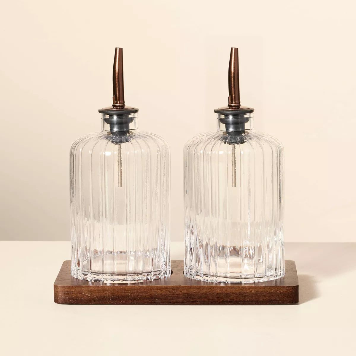 Oil & Vinegar Ribbed Glass Bottle Set with Wood Base - Hearth & Hand™ with Magnolia | Target