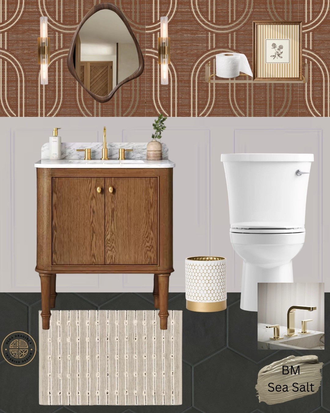 Half bathroom mood board! Powder room design inspiration. Bathroom vanity, bath rug, curvy mirror, wall sconces, Kohler faucet, affordable Walmart wall art. #halfbath #homedecor #falldecor

#LTKSeasonal #LTKHome #LTKFamily