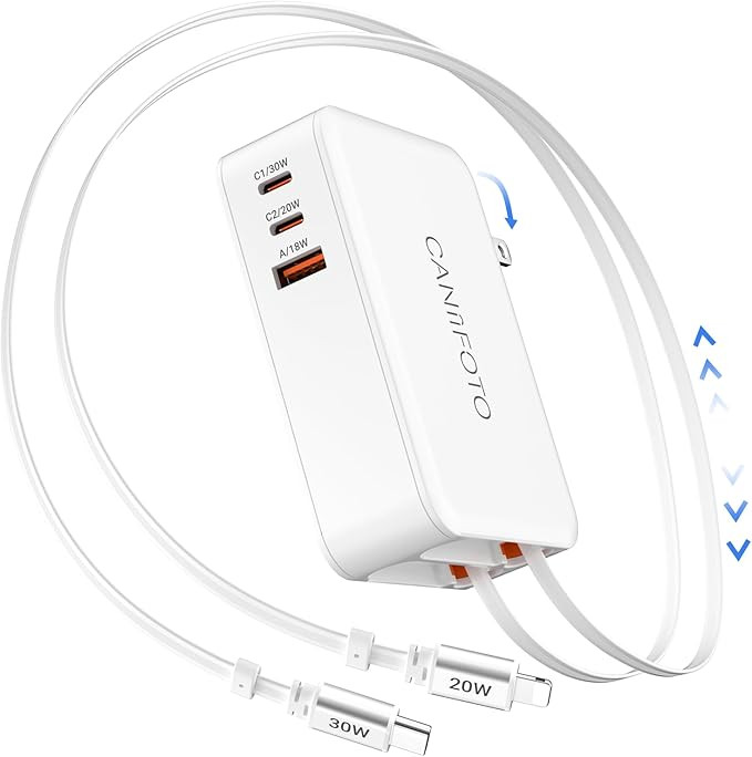 5-in-1 Retractable Wall Charger with Dual Cables, 50W Retractable Phone Charger with 3.3FT USB C ... | Amazon (US)