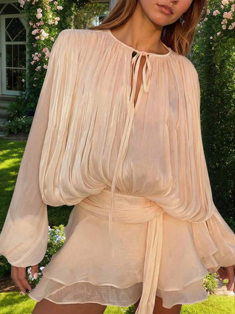 Millenial Style Tie-Up Ruffle Collar Double Ruffle Lantern Sleeve Shirt Dress, Spring/Summer, Music Festival, Valentine's Day, Wedding Season, No Belt, Women's Gothic Sexy Elegant Christmas Outfit, Wedding Guest Dress, Suitable For Formal Occasions #Evening Gown. Note: Please Wear Skin-Colored Undergarments | SHEIN