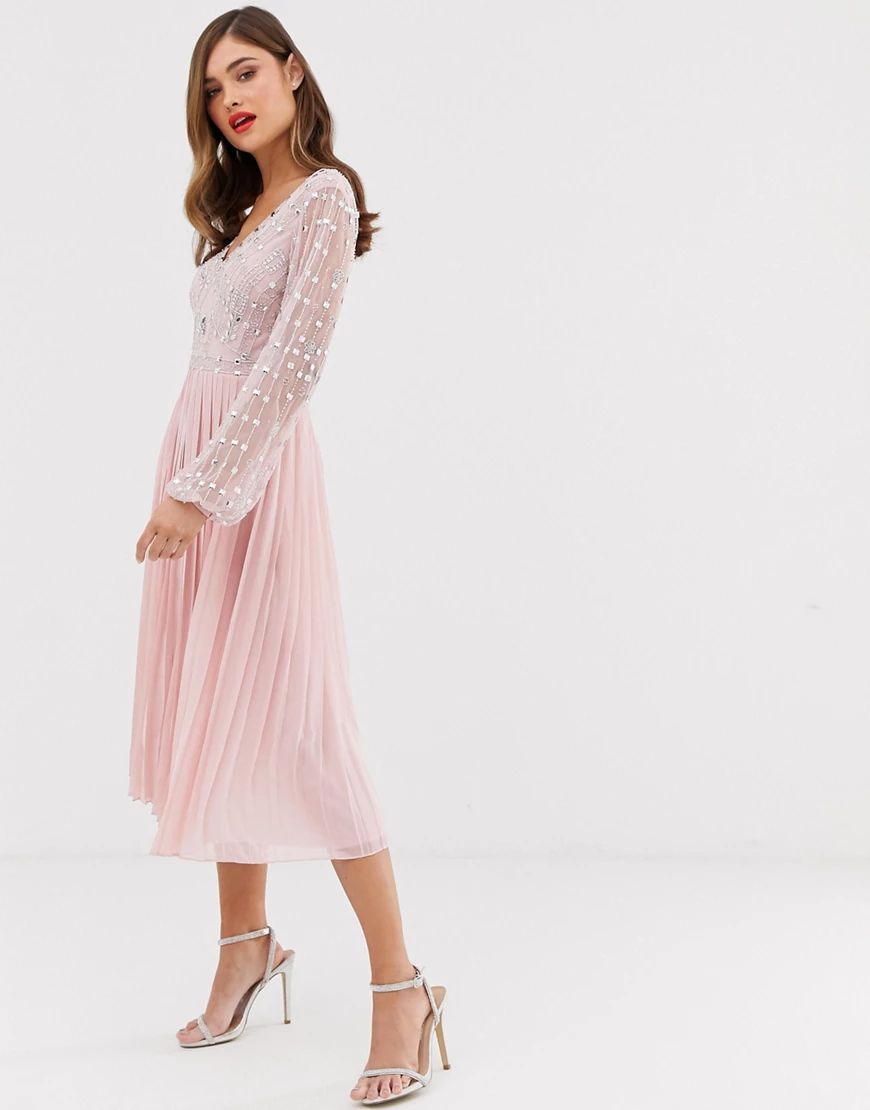 Frock & Frill long sleeve pleated midi dress with embellished upper-Pink | ASOS (Global)