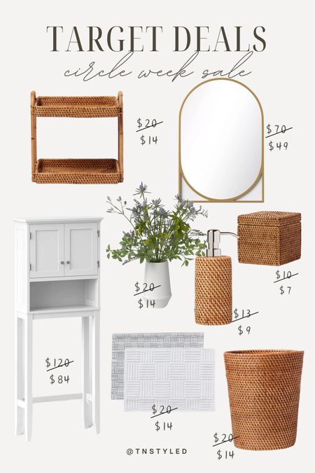 @target circle week sale // target deals on bathroom essentials // bathroom tray, woven tank storage, rattan soap pump, space saver etagere, bathroom cabinet, rattan wastebasket, bathroom trash bin, 2 pc rug set, wall gold mirror, lavender arrangement vase

#LTKxTarget #LTKsalealert #LTKhome