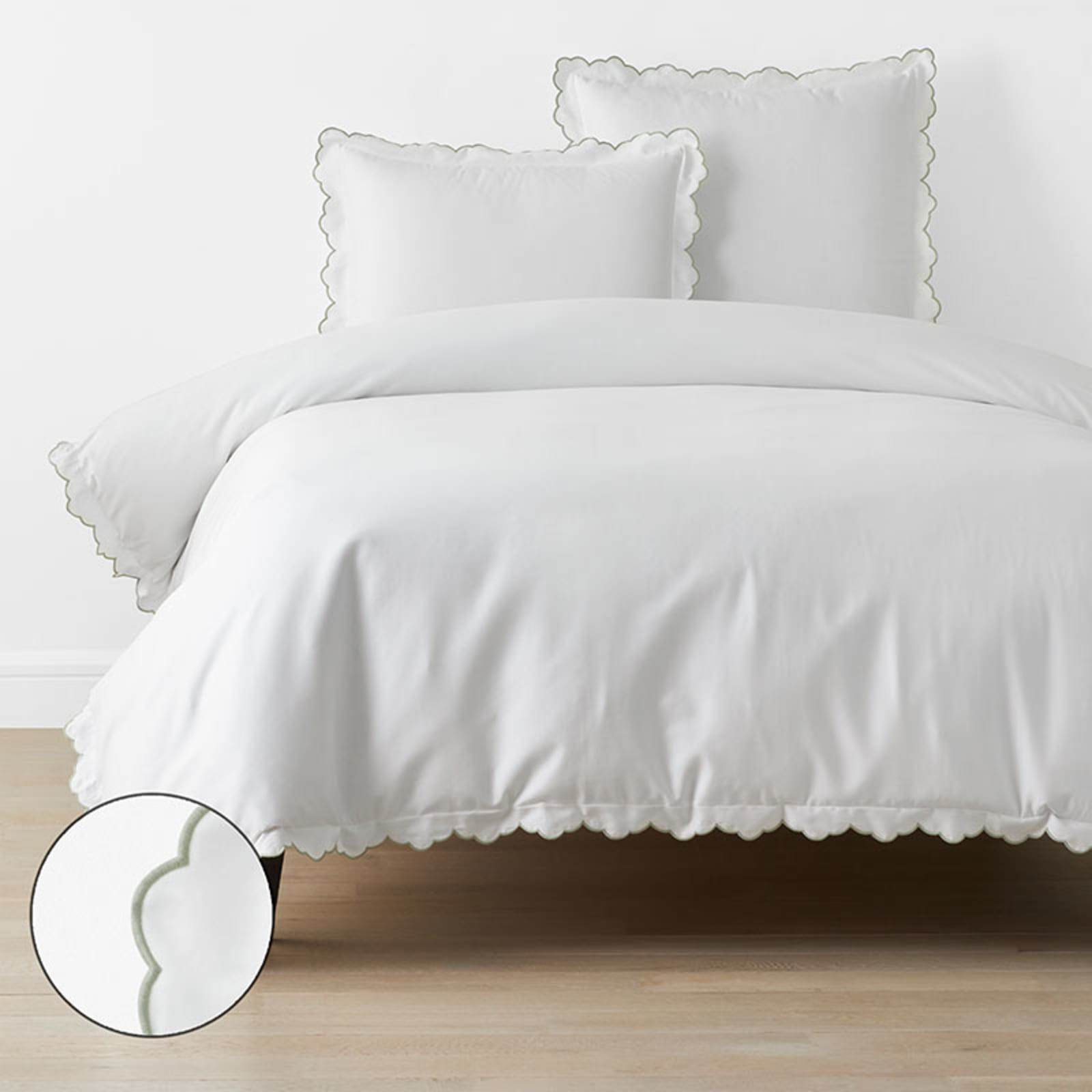 Embroidered Scallop Classic Smooth Sateen Solid Duvet Cover - Light Sage, King/Cal King | The Company Store