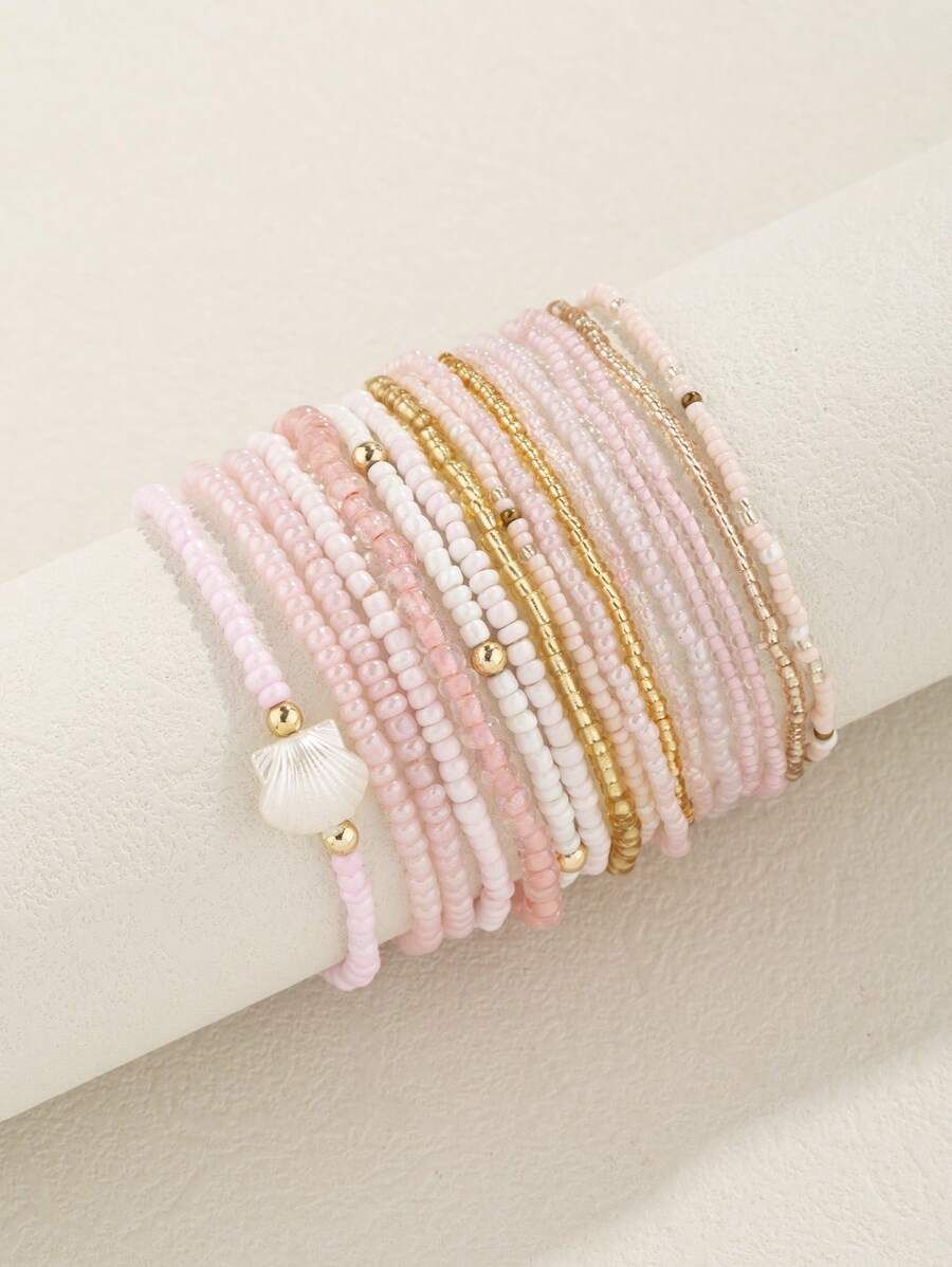 17pcs Pink & White Bohemian Style Glass Beaded Bracelet | SHEIN