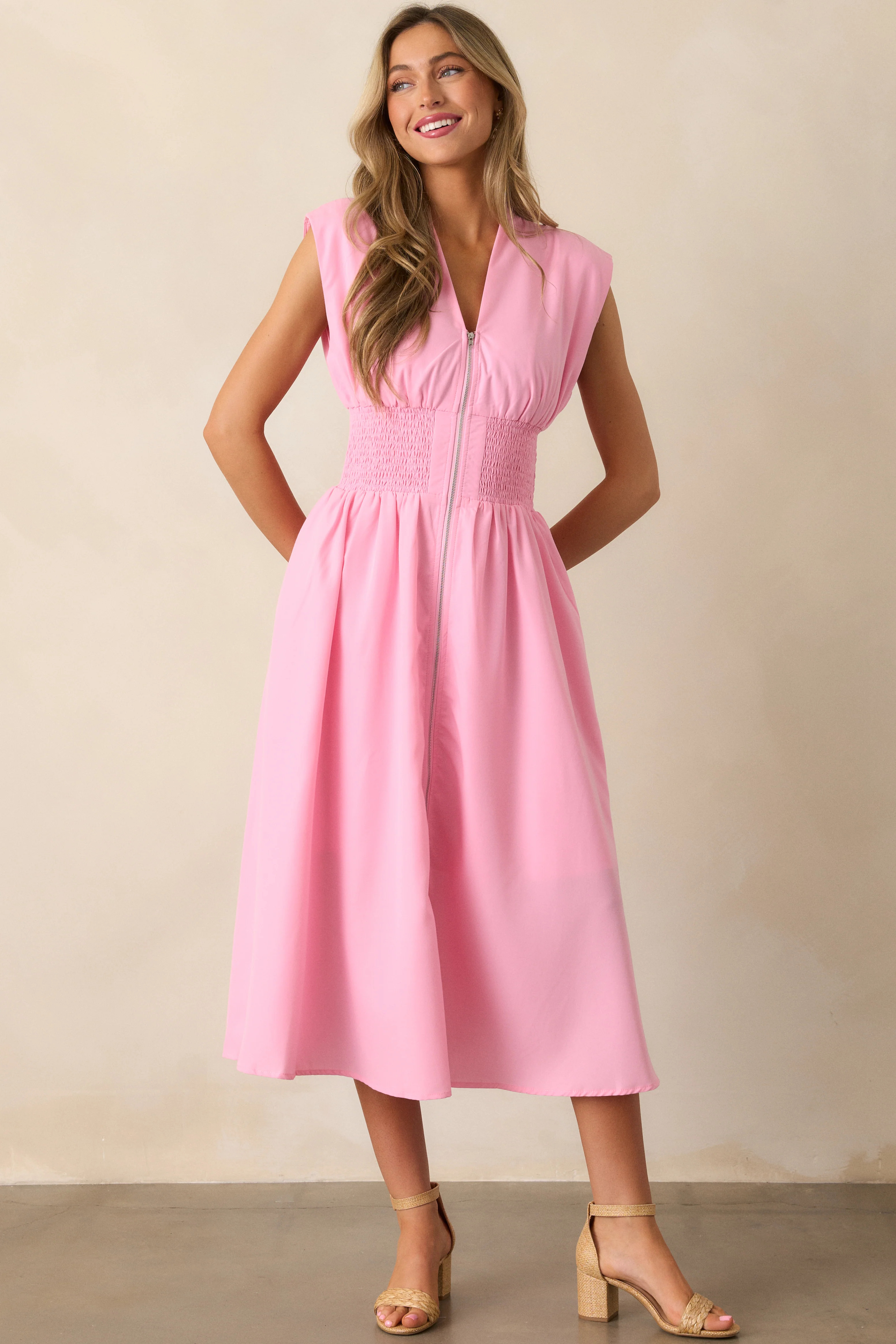 The Evette Baby Pink Zip Front Midi Dress, Easter Dresses, Mothers Day Outfit Inspo | Red Dress