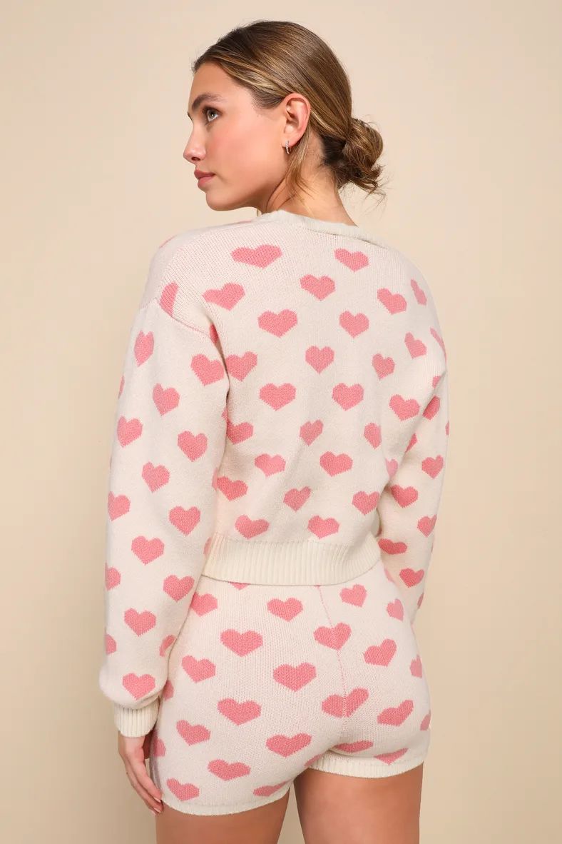 Loveable Babe Cream and Pink Heart Print V-Neck Cardigan Sweater | Lulus