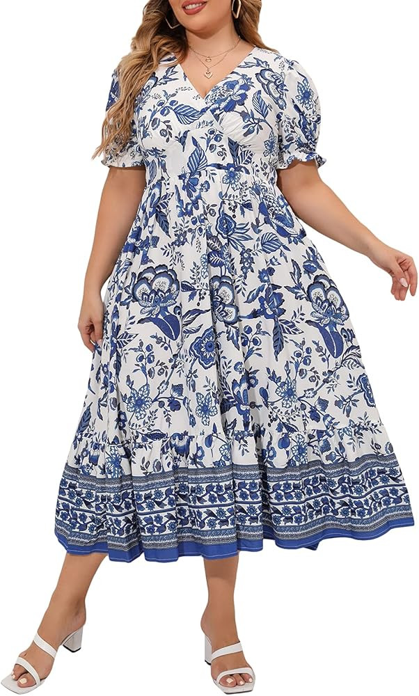 MakeMeChic Women's Plus Size Boho Casual Dress Floral Short Sleeve Shirred Square Neck Maxi Floma... | Amazon (US)