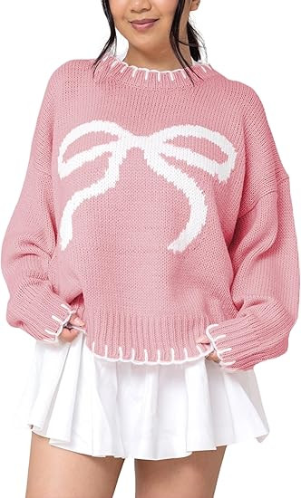 Women Y2K Bow Knit Sweater Crew Neck Long Sleeve Knitted Pullover Oversized Contrast Trim Knitwea... | Amazon (US)