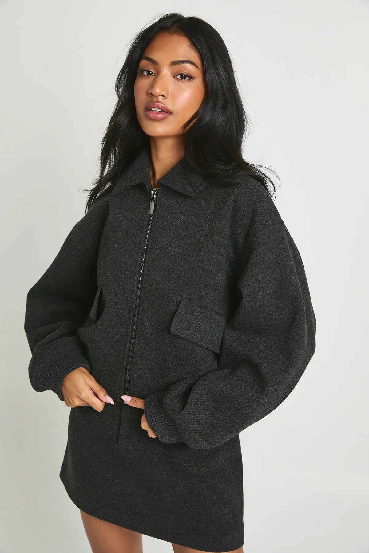 Textured Zip Front Wool Look Bomber Jacket | Boohoo.com (UK & IE)
