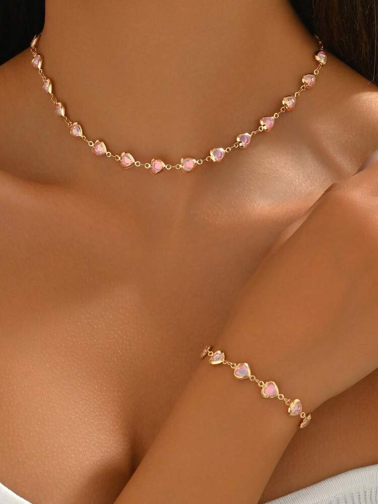 1pc Necklace + 1pc Bracelet Set, Minimalist Chic Fashion Sexy Versatile Ombre Heart Jewelry Set, ... | SHEIN