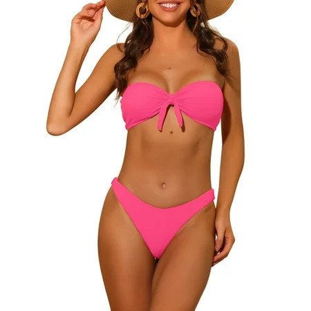 DARING DIVA Women s Bikini Sets Ribbed Bowknot 2 Pieces Swimwear S Hot Pink | Walmart (US)