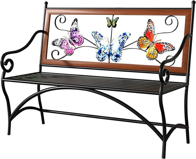 39.7" Outdoor Bench, Garden Bench, Patio Bench with Armrest, Slatted Seat and Butterfly Pattern B... | Amazon (US)