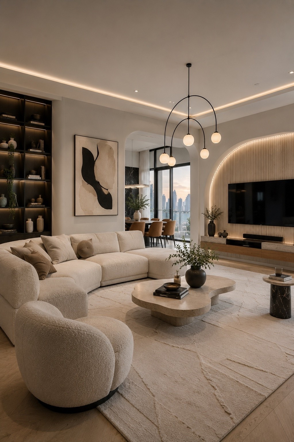 A timeless organic modern living room featuring a sculptural curved sofa, warm neutral palette, custom built-ins, ambient LED lighting, natural stone, and elegant architectural details. Perfect inspiration for creating a cozy yet sophisticated luxury home with designer finishes and high-end decor.

#livingroom #luxurylivingroom #organicmodern #moderninterior #interiordesign #livingroomdesign #homedecor #luxuryhome #neutraldecor #warmminimalism #designerhome #contemporarydesign #builtins #interiorinspiration #cozyhome #amazonhome #ltkhome #highendinteriors #livingroomdecor #luxurydecor