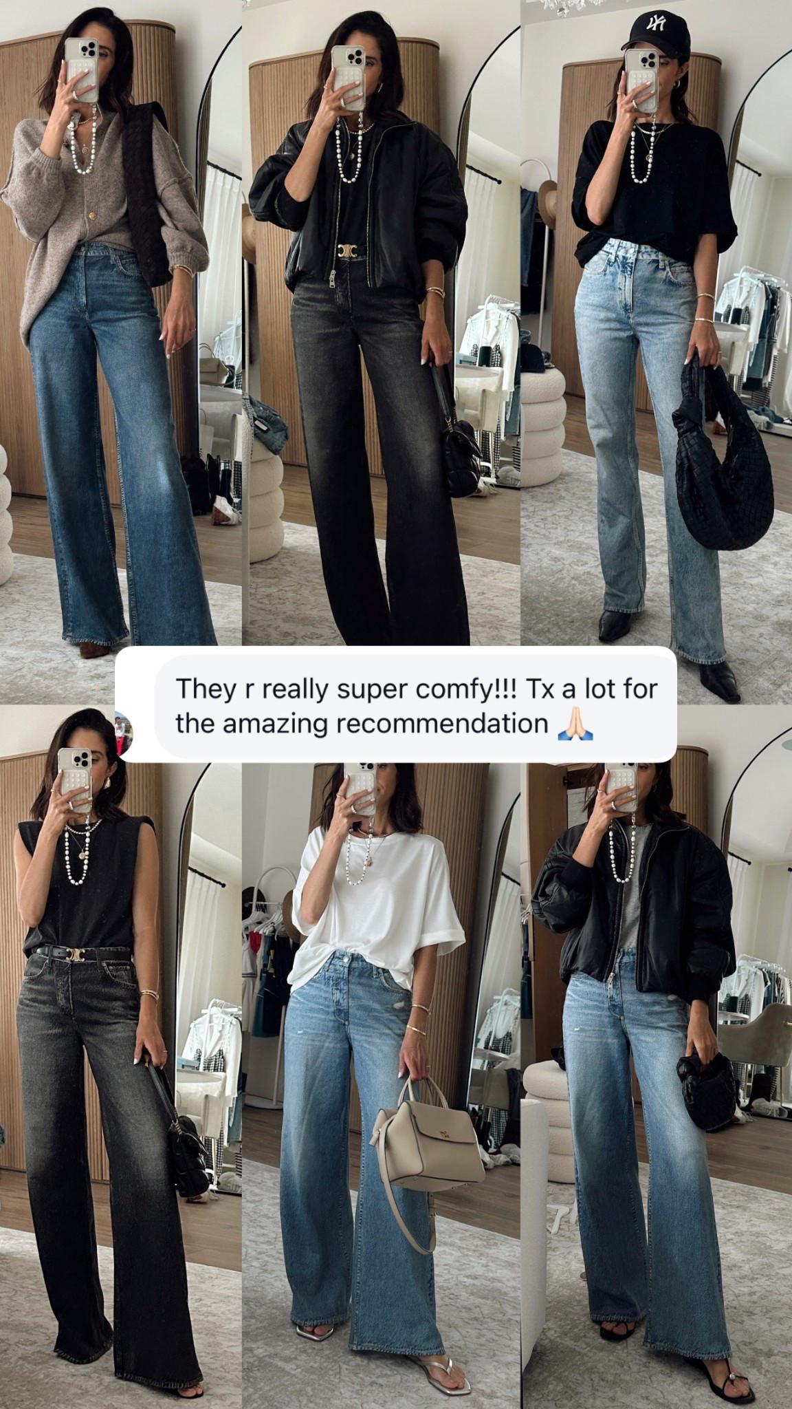 Denim jeans but sweatpants ✨ girls I am obsessed with these sweatpants jeans I had to get a couple of color options to keep them on rotation. I’m just shy of 5-7” and sized down one size to a 24 in most of them. Wearing the size small tees and cardigan 
First color: Minetta
Second color: kimber wash ( wearing size 23)
Third color: riverly 
Fourth: washed black

FYI do NOT put them in the dryer. Hang to dry🚨

#LTKStyleTip #LTKFindsUnder100