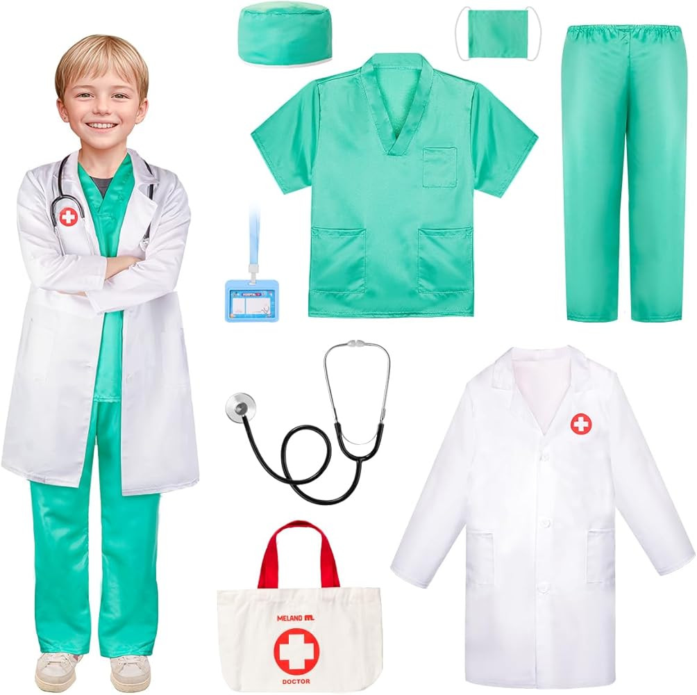 Meland Doctor Costume for Girls - Kids Scrubs with Lab Coat & Carry Bag, Doctor Dress Up for Hall... | Amazon (US)