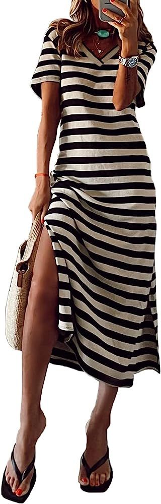 MARZXIN Women 2023 Casual Maxi Dress Short Sleeve V Neck Stripe Sundress Split Loose Long Summer ... | Amazon (US)