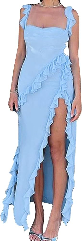 Ecirod Womens Spaghetti Strap High Slit Bodycon Maxi Dress Square Neck Backless Party Club Dress | Amazon (US)