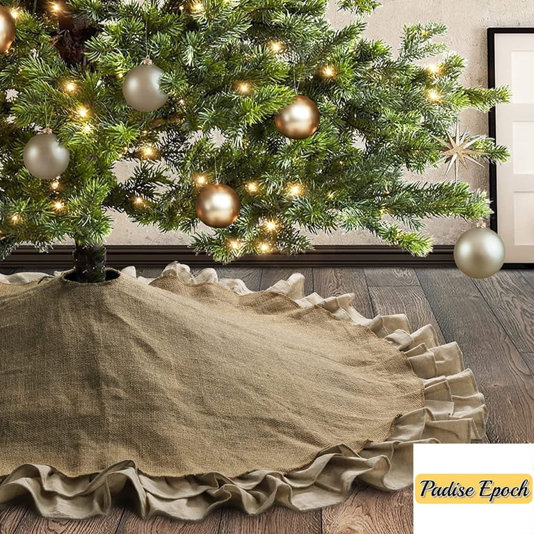 Burlap Christmas Tree Skirt, Large Natural Jute Tree Collar with Ruffled Linen Trim, Country Rust... | Walmart (US)