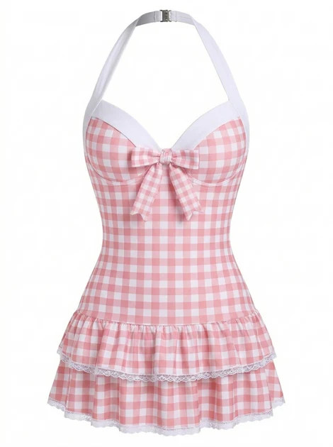 Light Pink 1940s Halter Gingham Bow One-Piece Swimsuit | Retro Stage