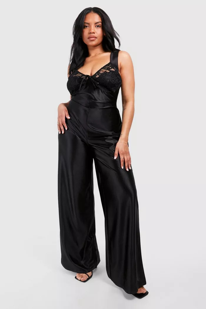 Plus Stretch Satin Lace Trim Detail Wide Leg Jumpsuit | boohoo (US & Canada)
