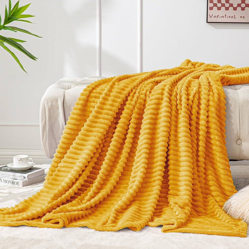 BEDELITE Fleece Blanket - 3D Ribbed Jacquard Decorative Yellow Throw Blanket for Couch & Bed, Lig... | Amazon (US)