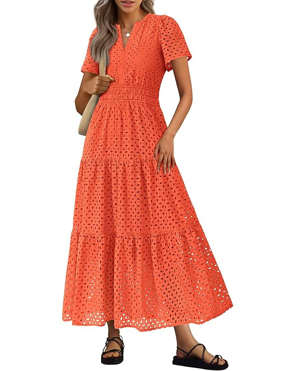 PRETTYGARDEN Womens 2025 Summer Maxi Dress Short Sleeve V Neck Hollow Out Eyelet A Line Long Flow... | Amazon (US)