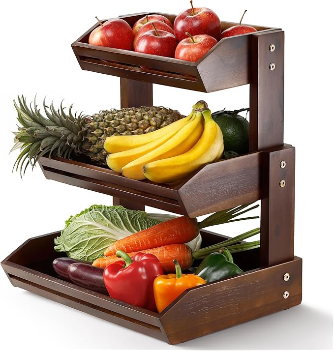 HOLANA Acacia 3 Tier Fruit Basket for Counter – Wooden Fruit Bowl for Kitchen Counter Organizer... | Amazon (US)